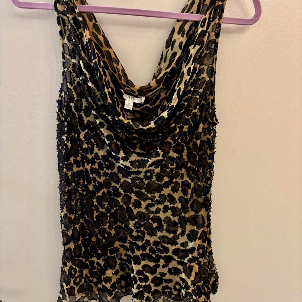 Vintage Cache Beaded Ruched Sleeveless Blouse in Leopard Print